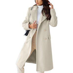 Women's Beige Winter Lapel Double Breasted Office Work Long Wool Overcoat
